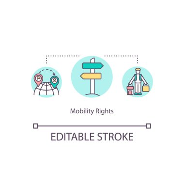 Hareket hakları konsepti simgesi. Hareket özgürlüğü fikri ince çizgi çizimi. Ülkeyi geziyorum. İnsan hakları. Göç. Vektör izole edilmiş RGB renk çizimi. Düzenlenebilir vuruş