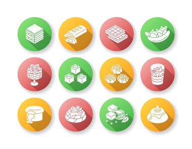 Dünyaca ünlü tatlılar düz dizayn uzun gölge sembolleri dizayn edildi. Geleneksel tatlılar. Türk lokumu. Çikolatalı lav keki. Brownie. Tiramisu. Avrupa mutfağı. Siluet RGB renk çizimi