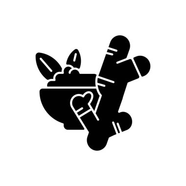 Zencefil siyah kabartma simgesi. Taze zencefil kökü. Bitkisel ilaçlar. Asya baharatı. Sağlıklı yiyecekler. Çin ilacı. Mutfak baharatları. Beyaz uzayda siluet sembolü. Vektör izole illüstrasyonu