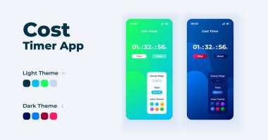 Maliyet zamanlayıcı uygulaması çizgi film akıllı telefon arayüz vektör şablonları ayarlandı. Mobil uygulama ekran sayfası gündüz ve gece modu tasarımı. Uygulama için zaman izleme yazılımı UI. Düz resimli telefon görüntüsü