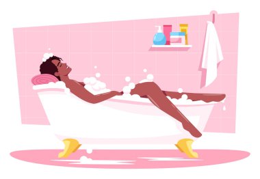 Yarı düz RGB renk çizimi yapan kadın. Akşam şımartma ve rahatlama. Banyo gevşemesi. Köpük banyosu. Jakuzideki Afrikalı kadın pembe arka plandaki çizgi film karakterini izole etti.