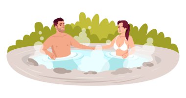 Japon spa merkezi yarı düz RGB renk çizimi. Çiftler için kaplıcalar. Sıcak buharlı açık banyo küveti. Erkek arkadaşı ve kız arkadaşı beyaz arkaplanda karikatür karakterlerini izole etmiş.