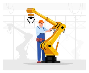 Robot uzmanı düz vektör çizimi. Endüstriyel bakım. Fabrika otomatik makine el tamiri. Manufactory erkek işçi hard hat 2D çizgi film karakteri ticari kullanım için
