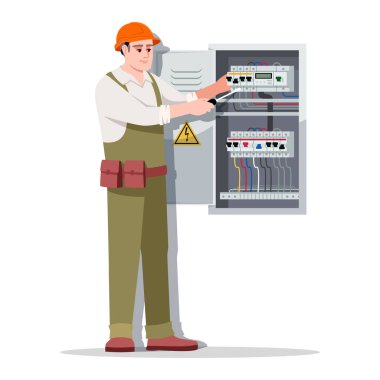 Elektrikçi yarı düz RGB renk çizimi. Şapkalı teknisyen elektriği tamir ediyor. Elektrik mühendisi servisi. Dağıtım panosunun yanındaki adam beyaz arkaplandaki çizgi film karakterini izole etti