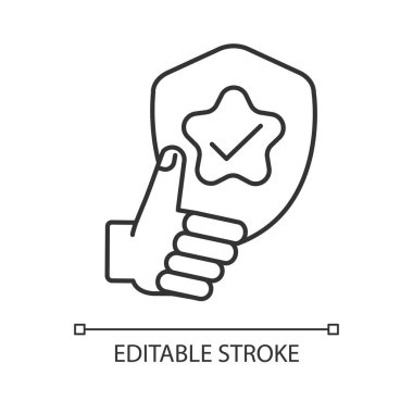 Güvenilirlik doğrusal simgesi. Kalite değerlendirmesi, olumlu geri bildirim, iyi değerlendirme. Güvenilirlik ince çizgi özelleştirilebilir illüstrasyon. Contour sembolü. Vektör izole çizim. Düzenlenebilir vuruş