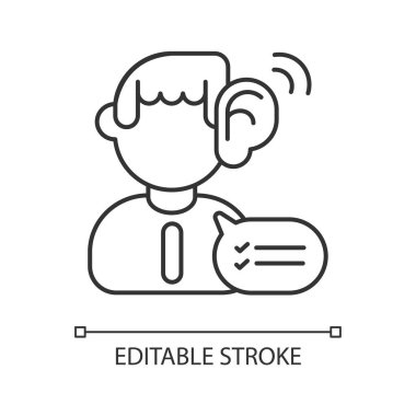Dinleme becerileri doğrusal simgesi. İletişim yetenekleri, danışma hizmeti. Profesyonel beceriler ince çizgi özelleştirilebilir illüstrasyon. Contour sembolü. Vektör izole çizim. Düzenlenebilir vuruş