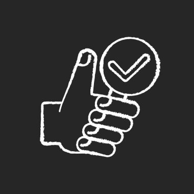 Siyah arkaplanda beyaz tebeşirle tam bir araştırma simgesi. Büyüteçle başparmağınızı kaldırın. Doğru cevap için oy verin. Kabul et ve değerlendir. Sorun çözme. İzole edilmiş vektör karatahta çizimi