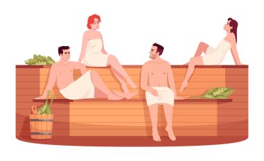 Umumi sauna yarı düz RGB renk çizimi. Kadın ve erkek için Rus Halk ocağı. Finlandiya hamamında. Kaplıca merkezindeki arkadaşlar beyaz arkaplanda izole edilmiş çizgi film karakteri