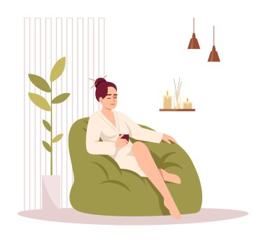 Yarı düz RGB renk çizimi için kişisel bakım. Vücut bakımı için spa tedavisi. Kız koltuğa otur ve rahatla. Bornozlu kadın beyaz arka planda karikatür karakteri.