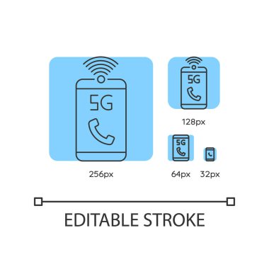 5G mobil ağ mavi doğrusal simgeleri ayarlandı. Telefon görüşmeleri için standartların yükseltilmesi. Kablosuz teknoloji. İnce çizgi özelleştirilebilir 256, 128, 64 ve 32 px vektör çizimleri. Contour sembolleri. Düzenlenebilir vuruş
