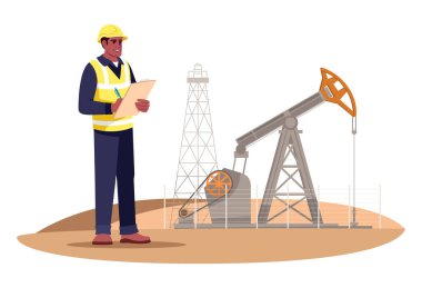 Petrol çıkarma mühendisliği yarı düz RGB renk çizimi. Petrol kulesi operatörü. Petrol üretimi. Gaz endüstrisi erkek çalışanı beyaz arka planda karikatür karakterini izole etti