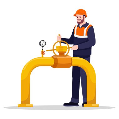 Boru hattı onarımı yarı düz RGB renk çizimi. Gasman çalışıyor. Yakıt üretimi ve taşımacılığı. Gaz endüstrisi erkek çalışanı beyaz arka planda karikatür karakterini izole etti