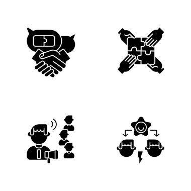 Takım çalışması yetenekleri siyah sembol beyaz uzaya ayarlandı. İş görüşmeleri, takım oluşturma, çatışma çözümü ve nüfuz. Kendi kendine gelişen siluet sembolleri. Vektör izole çizimleri