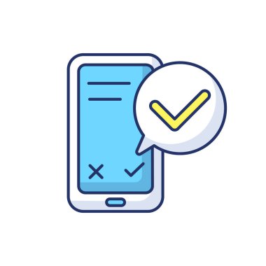 Akıllı telefon servisi RGB renk simgesini kontrol et. Cep telefonunu güncelle. Çevrimiçi anket işaretleri. İnternet transferi. İletişim ve bağlantı doğrulandı. İzole vektör illüstrasyonu