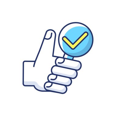 Tam araştırma RGB renk simgesi. Büyüteçle başparmağınızı kaldırın. Doğru cevap için oy verin. Kabul et ve değerlendir. Sorun çözme. Lensleri işaretle. Analiz soruşturması. İzole vektör illüstrasyonu