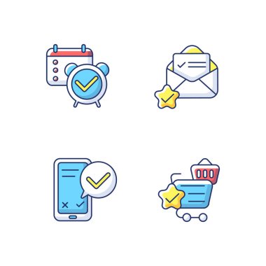 Servis kalitesi RGB renk simgeleri ayarlandı. Hatırlatma ve düzenleme bildirimi. E- posta kontrolü. Akıllı telefon hizmeti onayı. Online alışveriş arabası işaretli. İzole vektör çizimleri