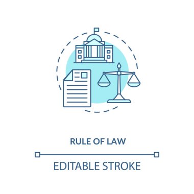 Hukukun üstünlüğü konsepti ikonu. Hukukun temel fikri ince çizgi çizimi. Anayasalizm. Yüksek mahkeme. Siyasi haklar. Vektör izole edilmiş RGB renk çizimi. Düzenlenebilir vuruş