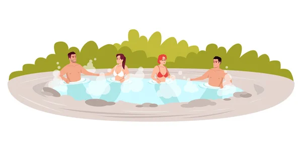 屋外ホットタブ半フラットRgbカラーベクトルイラスト 日本のリゾート 公衆浴場 人々はプールに浸かる 男性と女性の友人隔離された漫画のキャラクター上の白い背景 — ストックベクタ