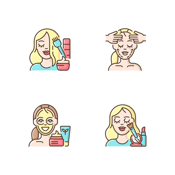 Women Beauty Procedures Rgb Color Icons Set Facial Chin Exercises — Stock Vector