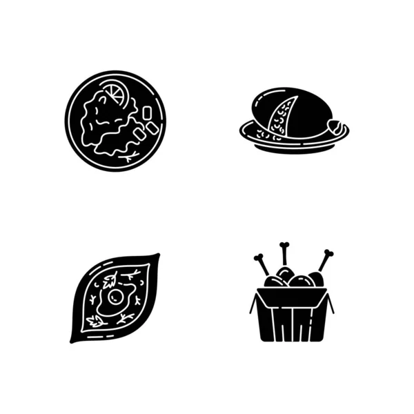 速食黑石榴图标设置在白色的空间 苏格兰老太婆Wiener Schnitzeltandoori鸡 油炸垃圾食品 传统的旅游餐 轮廓符号 矢量孤立的说明 — 图库矢量图片