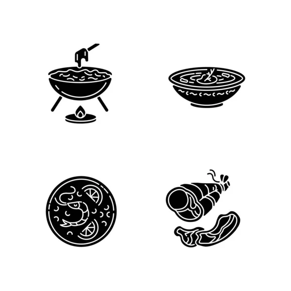 Traditional Food Black Glyph Icons Set White Space Cheese Fondu — Stock Vector