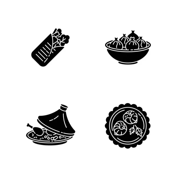 Plato Tradicional Iconos Glifo Negro Establecidos Espacio Blanco Shawarma Cocina — Archivo Imágenes Vectoriales