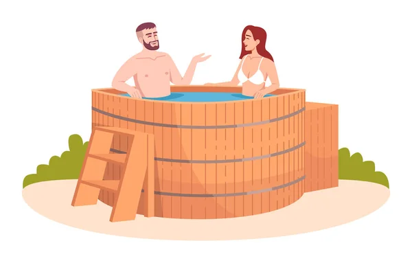 Wooden Bathtub Semi Flat Rgb Color Vector Иллюстрация Японский Государственный — стоковый вектор