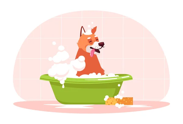 Σκύλος Στην Μπανιέρα Ημι Επίπεδη Εικόνα Διάνυσμα Χρώμα Rgb Πλύσιμο — Διανυσματικό Αρχείο