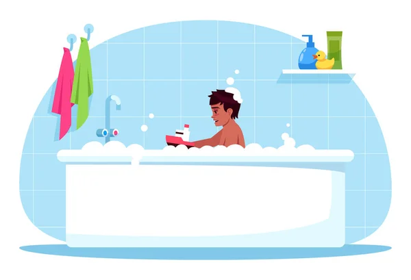 Boy Bath Time Semi Flat Rgb Color Vector Illustration Baby — Stock Vector