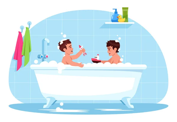 男婴在浴池半平面Rgb彩色图像中玩耍 孩子们在浴室里玩塑料玩具 泡泡浴中的幼儿浴缸里的孩子们在蓝色背景上孤立卡通人物 — 图库矢量图片