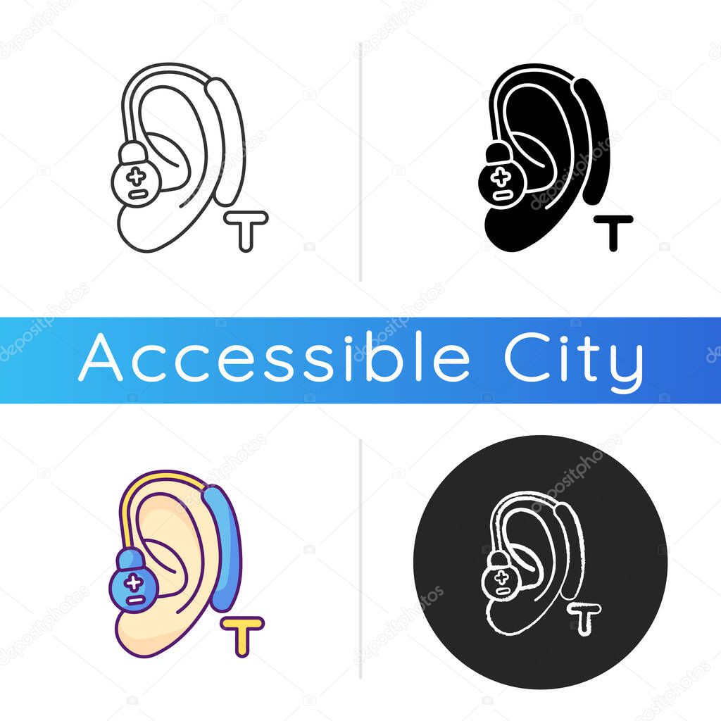 Hearing loop icon. Assistive listening technology. Audio induction loop system. Hearing aids. Clear sound facilities. Linear black and RGB color styles. Isolated vector illustrations