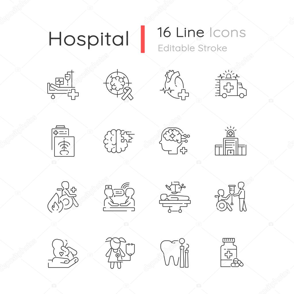 Hospital linear icons set. Walk in clinic. Radiology and cardiology department. ICU. Hospital ward. Customizable thin line contour symbols. Isolated vector outline illustrations. Editable strok