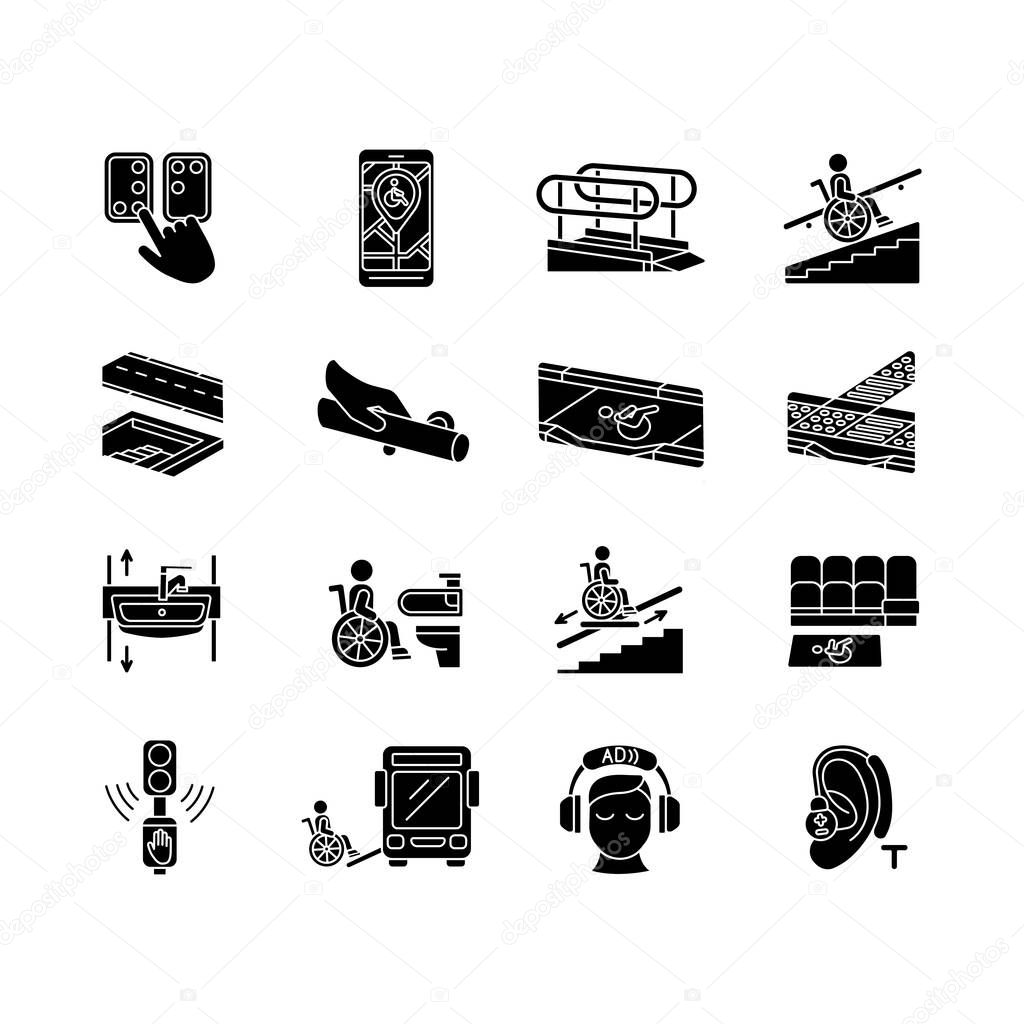 Accessibility facilities black glyph icons set on white space. Handrails and stair lift. Adjustable height sink. Acoustic traffic lights signals. Silhouette symbols. Vector isolated illustration