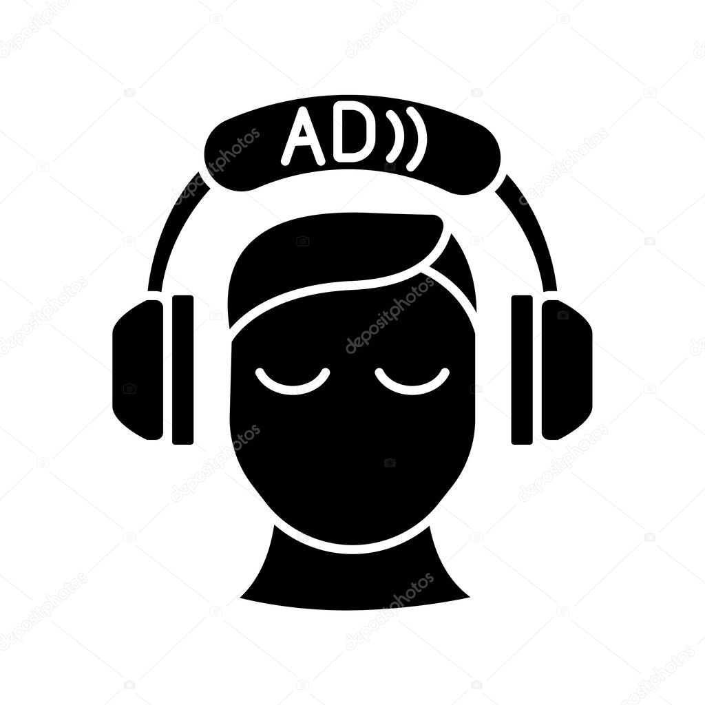 Audio description black glyph icon. Video description. Narration. Providing additional information. Audio described TV programmes. Silhouette symbol on white space. Vector isolated illustration