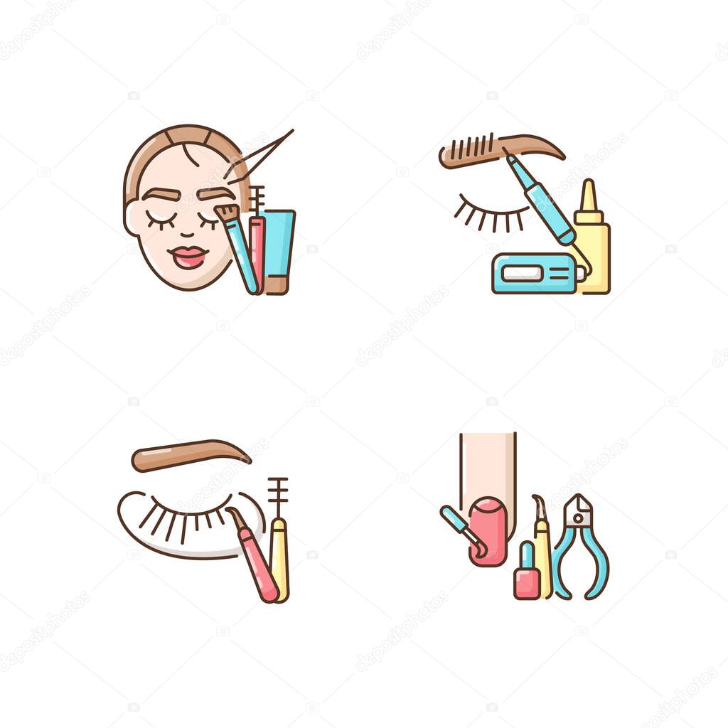 Face care RGB color icons set. Manicure. Microblading. Eyelash extension. Nail varnish. Eyebrow lamination. Beauty procedure. Beautician and cosmetologist services. Isolated vector illustration