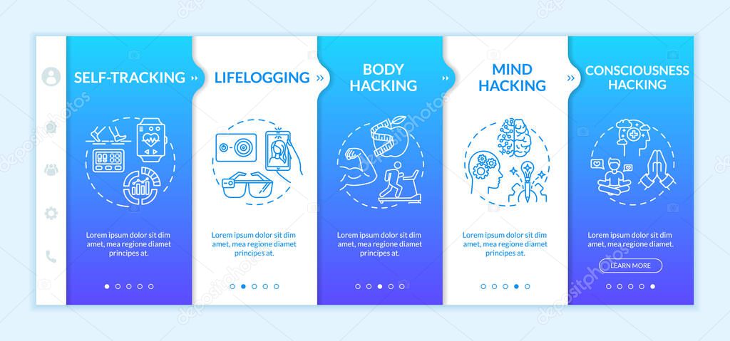 Biohacking elements onboarding vector template. Body mind and consciousness hacking. DIY biology responsive mobile website with icons. Webpage walkthrough step screens. RGB color concept