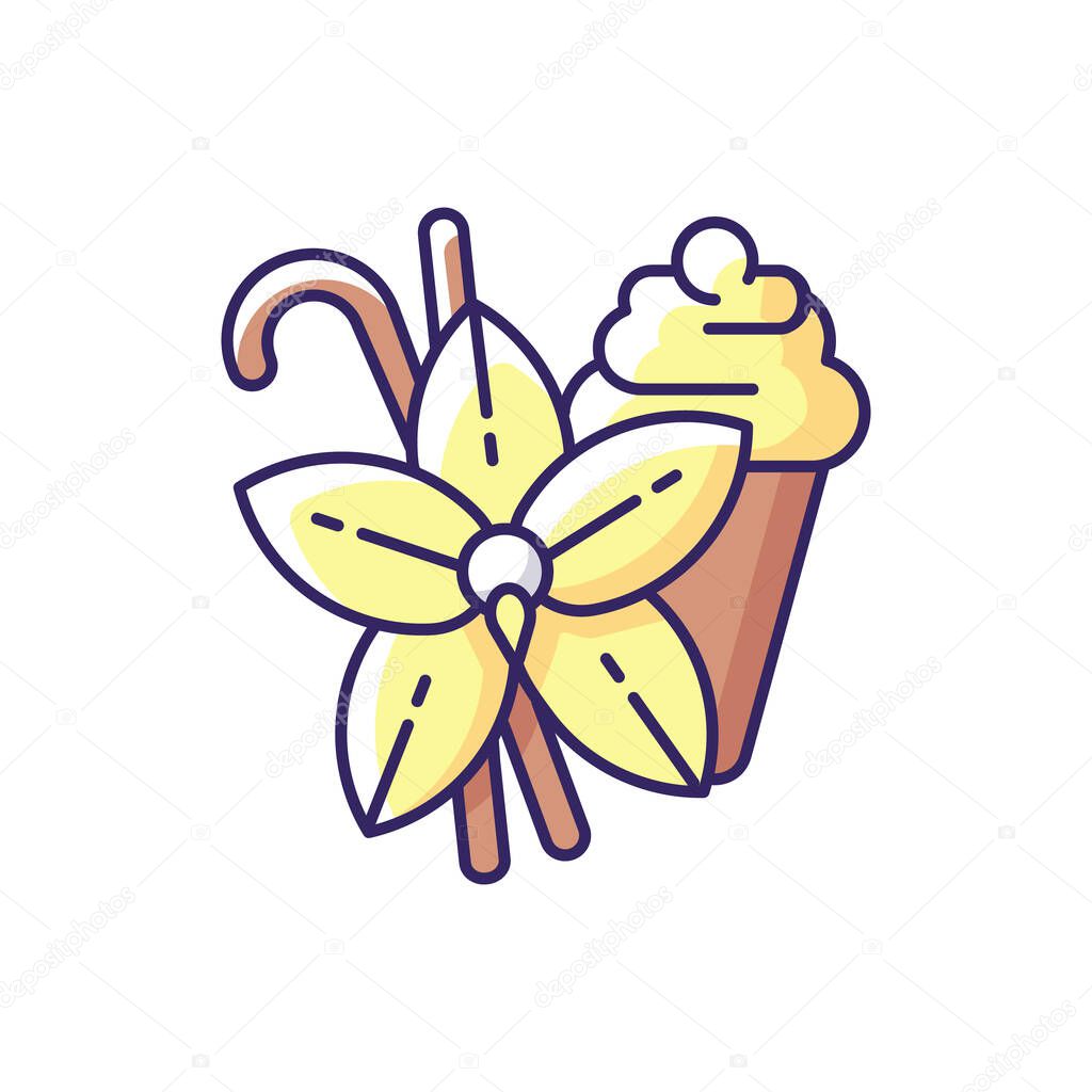 Vanilla RGB color icon. Vanilla flower and sticks. Aromatic flavor. Pastries and confectionery flavoring. Aromatherapy. Traditional indian spices. Isolated vector illustrations