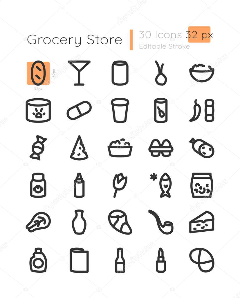 Supermarket category linear icons set. Shop food. Store drinks. Ready meal. Customizable thin line contour symbols. Isolated vector outline 32 x 32 px illustrations. Editable stroke