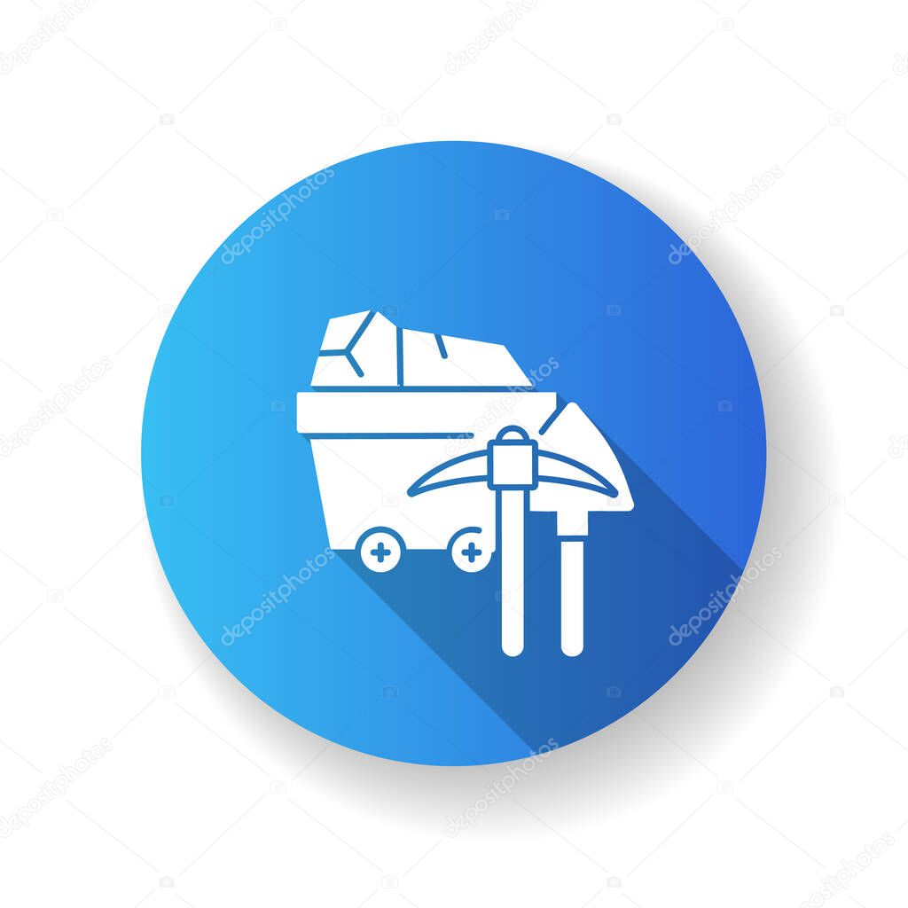 Coal industry blue flat design long shadow glyph icon. Natural resources exploitation, fossil fuel mining. Colliery equipment, trolley with coal and pickaxe silhouette RGB color illustration