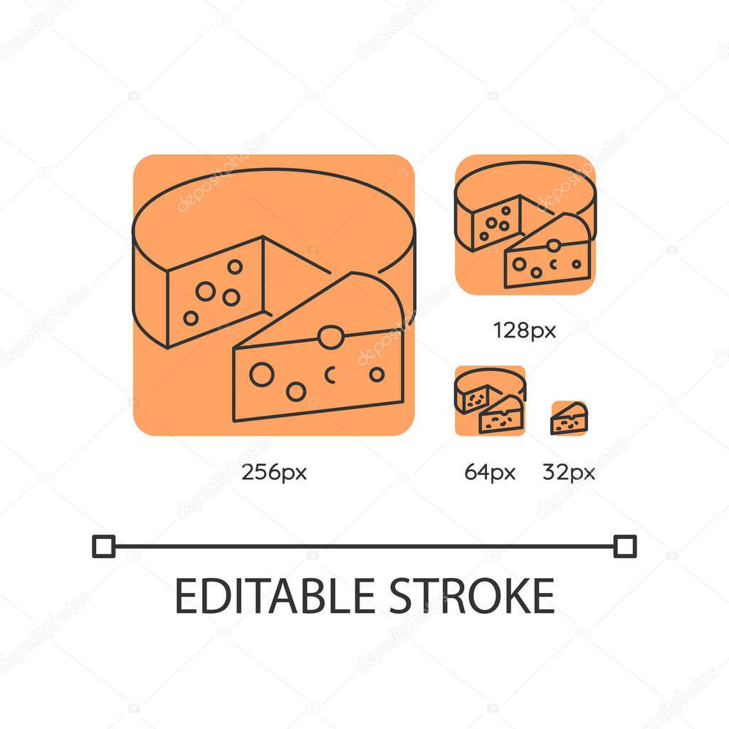 Cheese orange linear icons set. Dairy product. Cooking recipe ingredient. Milk based food item. Thin line customizable 256, 128, 64 and 32 px vector illustrations. Contour symbols. Editable stroke