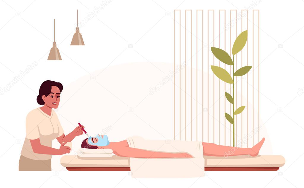 Spa treatment semi flat RGB color vector illustration. Woman applying face mask. Skin care, dermatology therapy. Hotel resort employee and customer isolated cartoon characters on white background