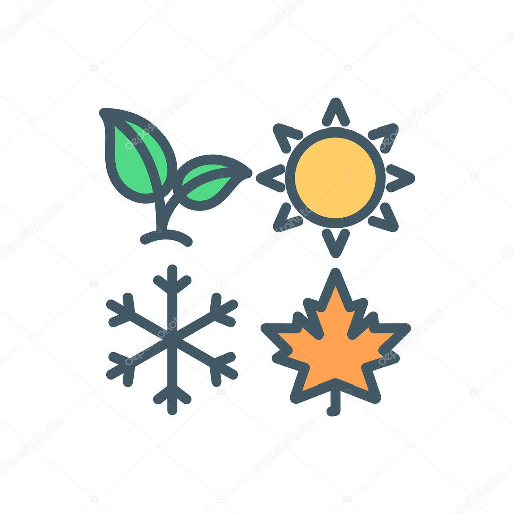 Four seasons RGB color icon. Changes in months. Weather phases. Climate of time of year. Summer and spring. Autumn and winter. Sign of year circulation. Isolated vector illustration