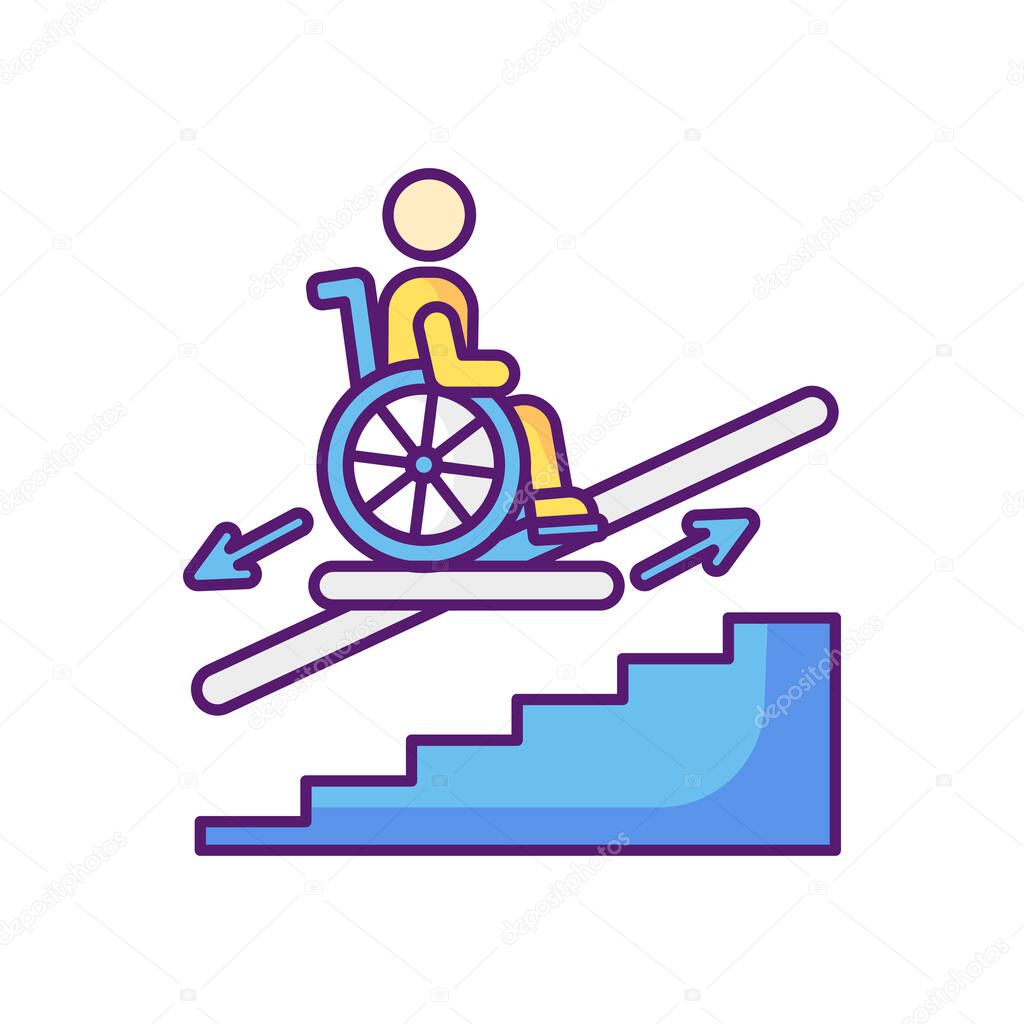 Stair lift RGB color icon. Wheelchair platforms and stairlifts for disabled users. Outdoor stair lift elevator. City infrastructure. Disabled people accessible facilities. Isolated vector illustration