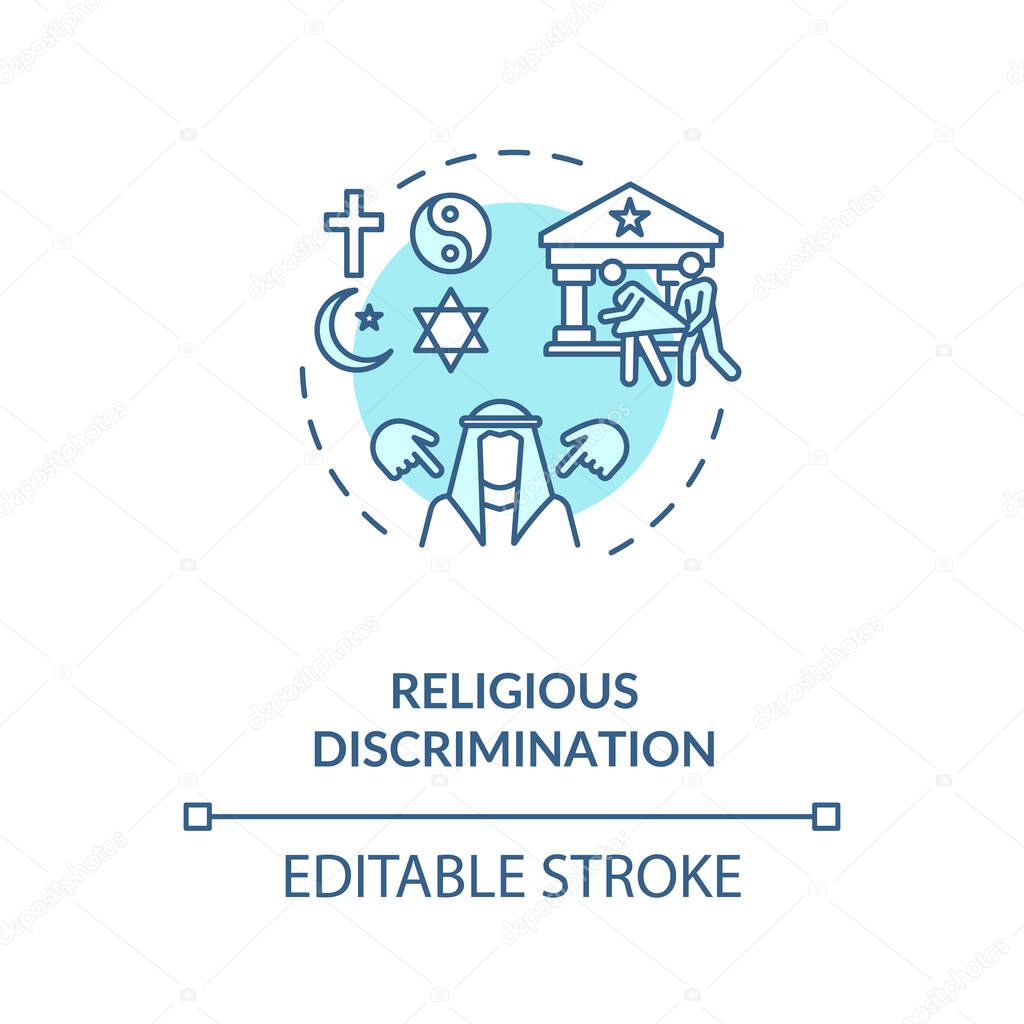Religious discrimination concept icon. Mistreatment based on religion idea thin line illustration. Desegregation. Human rights. Vector isolated outline RGB color drawing. Editable stroke