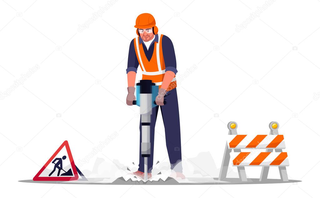 Road repair worker semi flat RGB color vector illustration. Workman drilling concrete with heavy machinery. Male road construction worker with equipment isolated cartoon character on white background