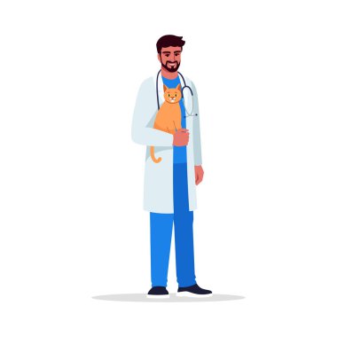 Veteriner yarı düz RGB renk çizimi. Hayvan hastanesi personeli. Erkek doktor. Veterinerlik doktoru. Genç İspanyol veteriner cerrah beyaz arka planda çizgi film karakterini izole etti.