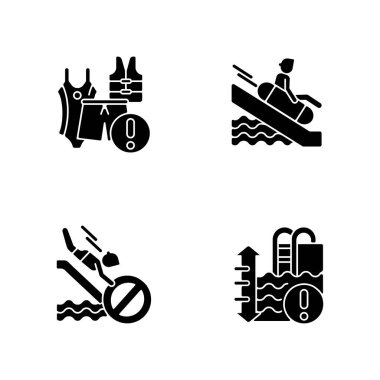 Su parkının kuralları ve kısıtlamaları beyaz alana siyah semboller koyuyor. Su kaydırağının kuralları, su derinliği uyarısı ve mayo gerektiren siluet sembolleri. Vektör izole çizimleri