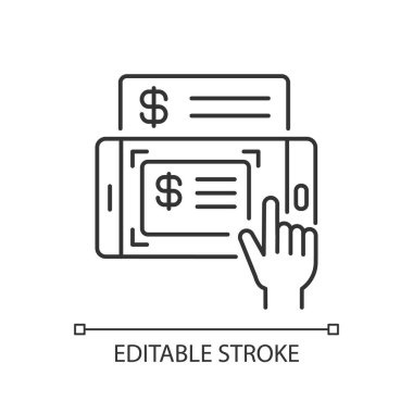 Mobil tortular doğrusal simge oluşturur. Mobil bankacılık servisi. Çevrimiçi kontrol. Para dijital aktarımı. İnce çizgi özelleştirilebilir illüstrasyon. Contour sembolü. Vektör izole çizim. Düzenlenebilir vuruş
