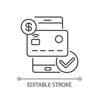 Doğrusal simgeyi dengeler. Cüzdan başvurusu. Mobil bankacılık uygulaması kullanılıyor. Ödeme onaylandı. İnce çizgi özelleştirilebilir illüstrasyon. Contour sembolü. Vektör izole çizim. Düzenlenebilir vuruş