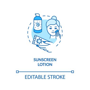 Güneş kremi konsepti ikonu. Güneş kremi. Güneş banyosu için sprey nemlendirici. Güneş yanığı kremi fikri ince çizgi çizimi. Vektör izole edilmiş RGB renk çizimi. Düzenlenebilir vuruş